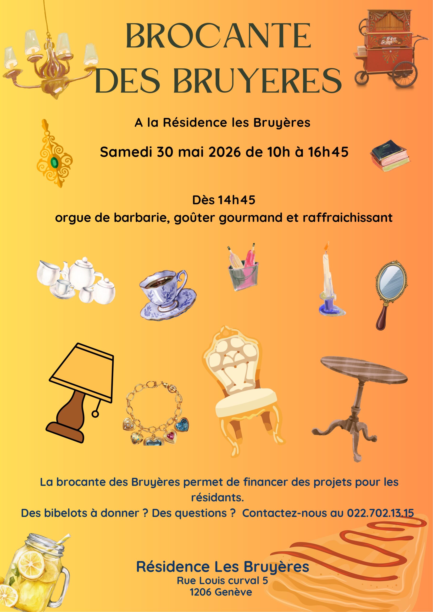Affiche de la Brocante des Bruyères à Genève avec animation à l’orgue de barbarie