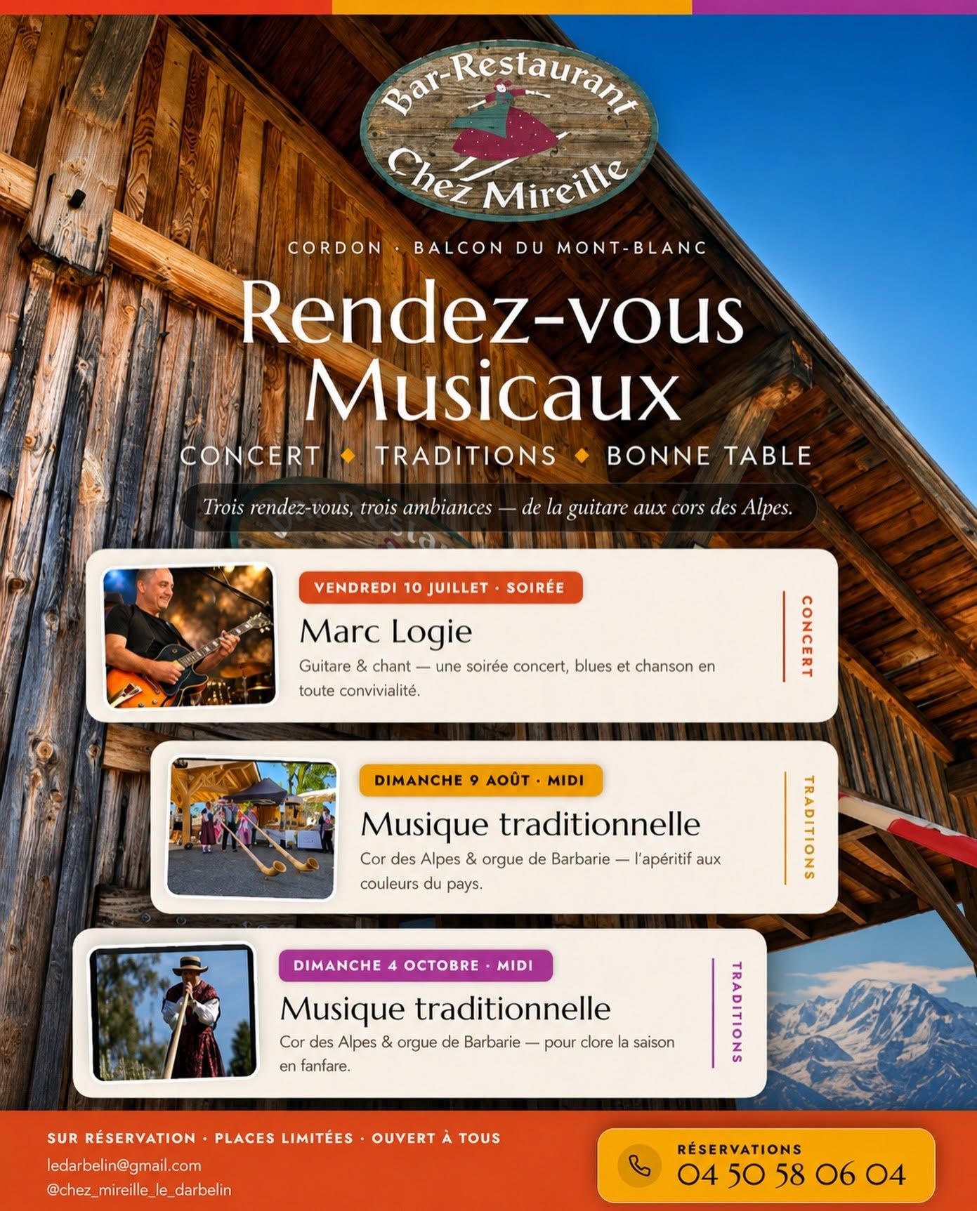 Affiche des animations musicales de Jean-Christophe Baud et Myriam Petit au restaurant Le Darbelin Chez Mireille à Cordon les 9 août et 4 octobre