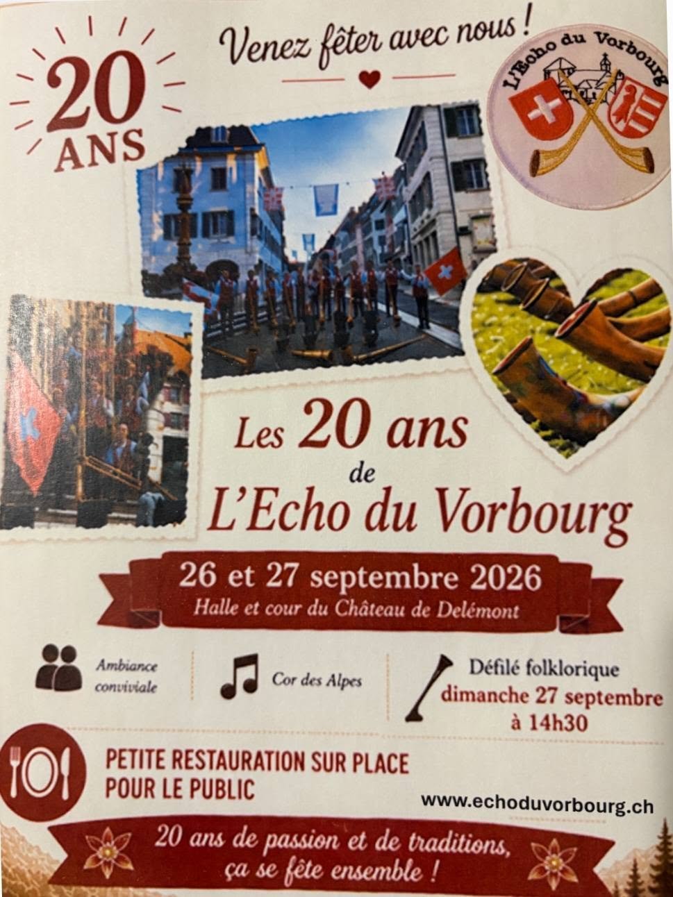 Affiche des 20 ans de l'Echo du Vorbourg à Delémont les 26 et 27 septembre 2026
